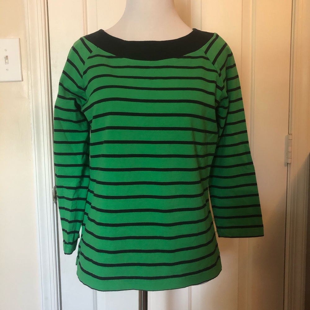 Rafaella Boatneck Green & Navy Striped 3/4 Sleeve Top (M)